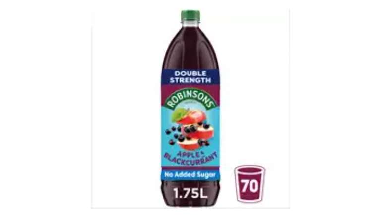 Robinsons Double Strength Orange OR apple & blackcurrant Squash No Added Sugar 1.75L (+ £1.50 in your cashpot instore today - ends today)