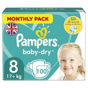 Pampers Baby 100 Nappies Size 8 (17+ kg/37.5 Lb), Baby-Dry, MONTHLY SAVINGS PACK £17.30 (16.43 or £13.84 with 20% sub & save) @ Amazon