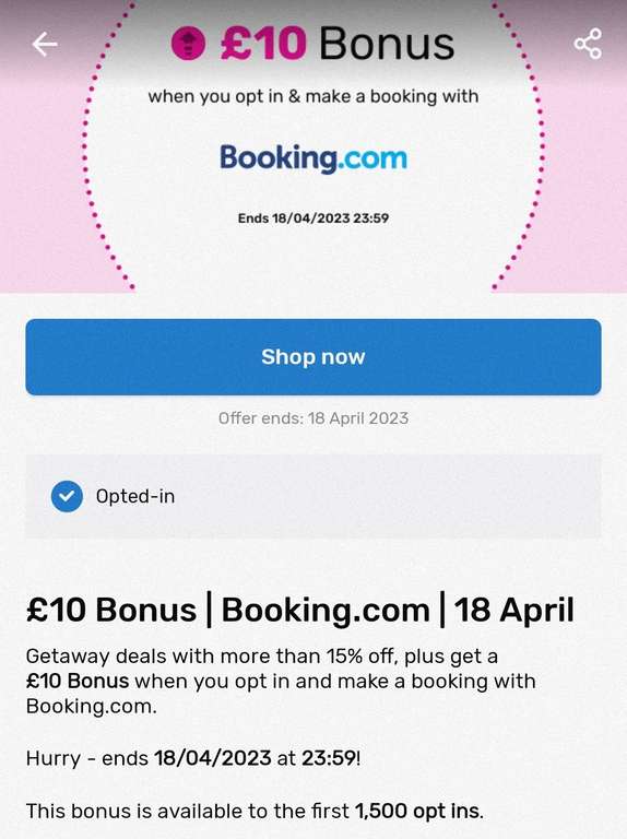 £10 Bonus with Booking.com purchases Opt-in required (No minimum spend + upto 4% cashback) @ Quidco