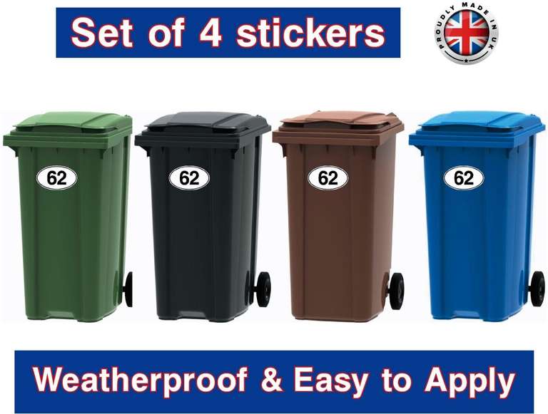 Wheelie Bin House Number Stickers x4 - Numbers - White - Super Sticky Sold By Decalheads Ltd
