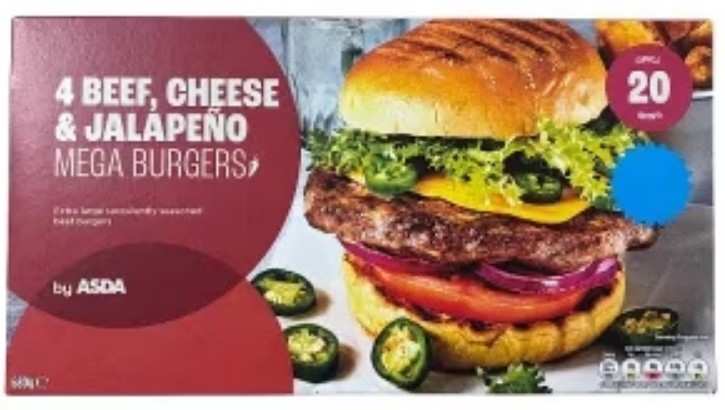 ASDA 4 Beef, Cheese & Jalapeño or Smoky Onion Mega Burgers 680g