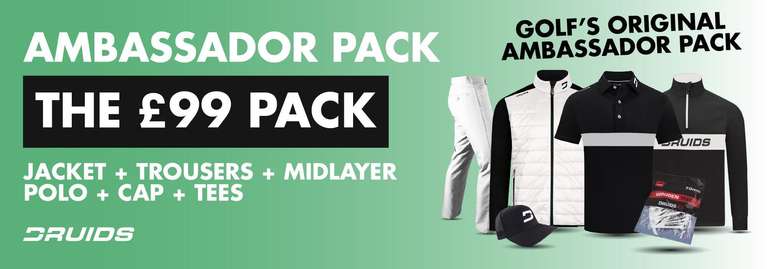 Druids Golf Ambassador Pack- Jacket, Trousers, Mid Layer, Polo, Cap and Tees for £99 + £4.99 delivery @ Druids