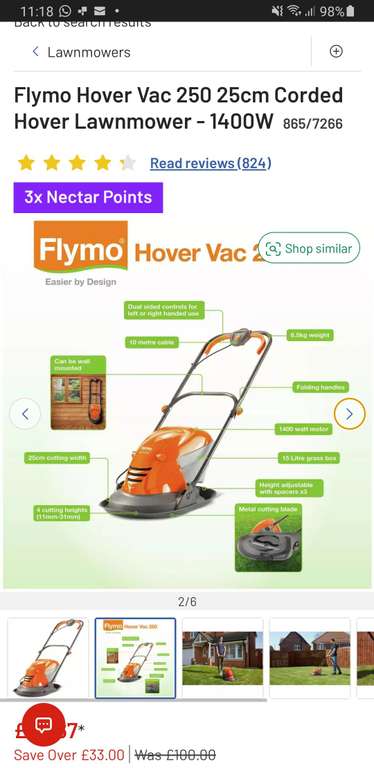 Flymo Hover Vac 250 25cm corded Hover Lawnmower 1400W C&C