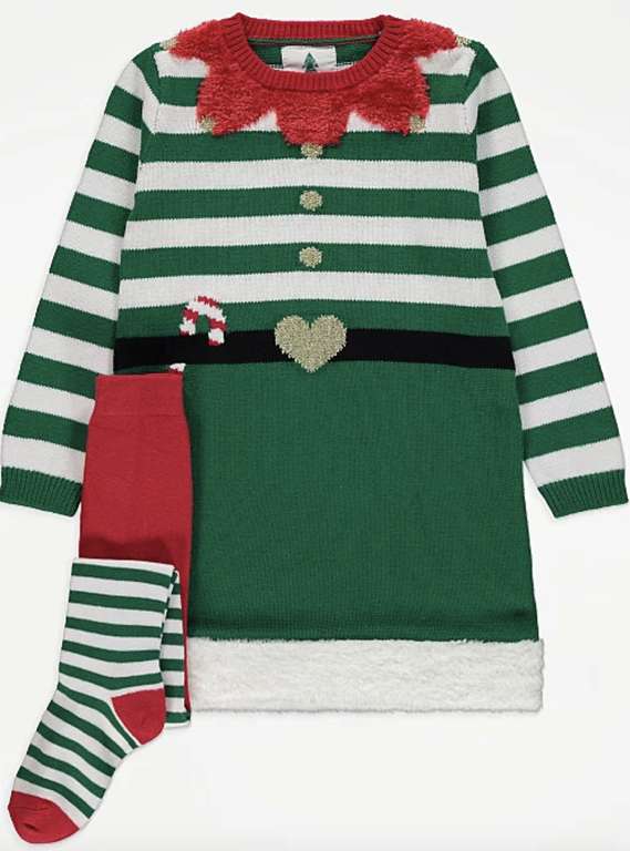 Kids Green Elf Knitted Christmas Dress and Tights Outfit for £9.60 + free click & collect @ George Asda
