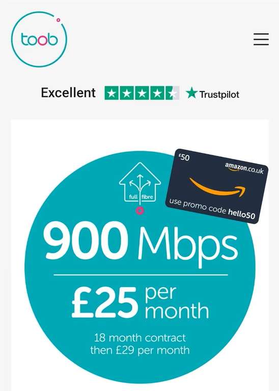 Toob 900Mbps full fiber broadband + £50 Amazon Voucher with code - No price rise - £25pm / 18m