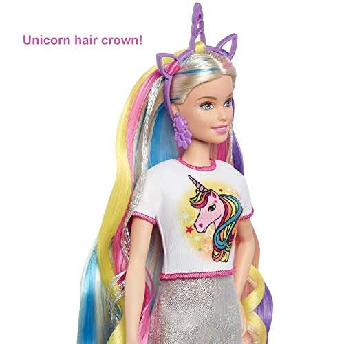 Barbie Fantasy Hair Doll, Blonde, with 2 Decorated Crowns, 2 Tops & Accessories for Mermaid and Unicorn Looks