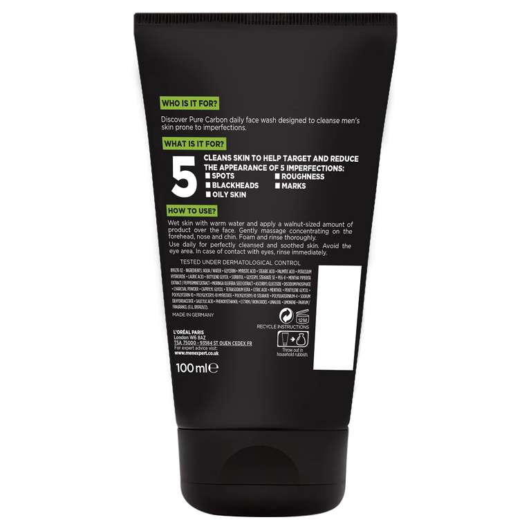 L'Oreal Paris Men Expert Face Wash Pure Charcoal, Glycerin, and Salicylic acid - Blackhead Cleanser for Men, 100 ml (Pack of 1) (S&S £2.84)