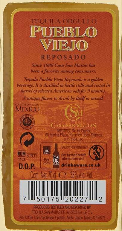 Casa San Matias Distillery Pueblo Viejo San Matias Reposado 100% Agave Tequila 38% ABV 70cl - £18.30 @ Amazon