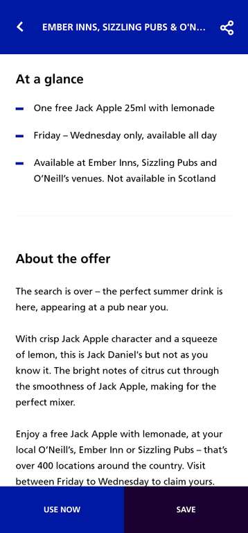 Free Jack Daniels Apple And Lemonade Drink claim at participating - Ember Inns, Sizzling Pubs and O'Neils