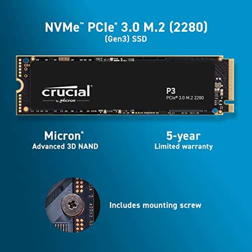 Crucial P3 4TB M.2 PCIe Gen3 NVMe Internal SSD - Up to 3500MB/s - CT4000P3SSD8 £200.50 @ Amazon