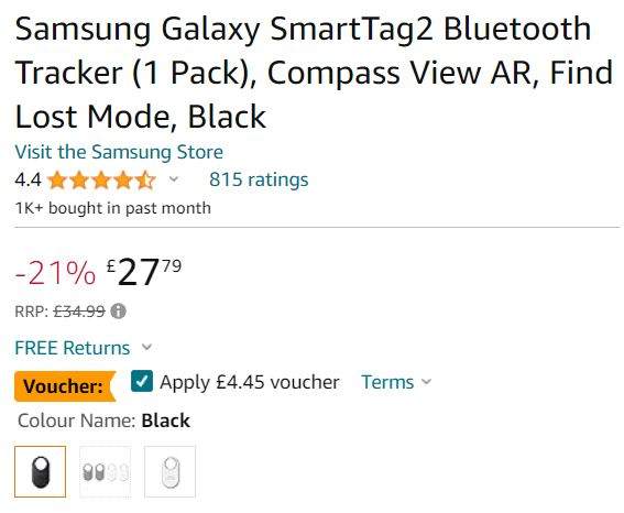 Samsung Galaxy SmartTag2 Bluetooth Tracker (1 Pack) with Compass View AR,  Find Lost Mode - Black 