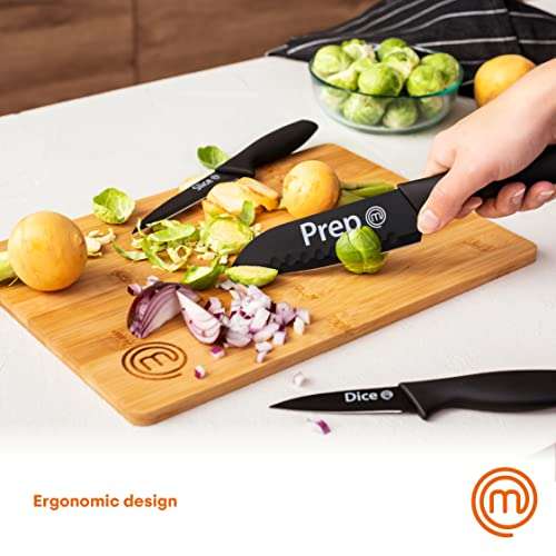 Set of 3 MasterChef Knife (Chef, Paring, Utility), Stainless Steel Blades With Non Stick Coating & Soft Touch Grip
