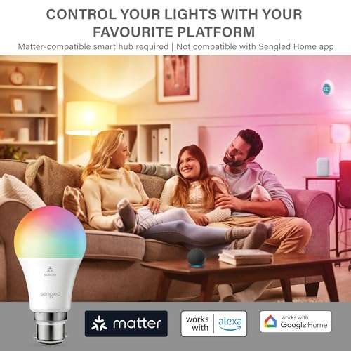 Sengled LED Smart Light Bulb (B22), Matter-Enabled, Multicolour, Works with Alexa, 60W Equivalent - Select Accounts
