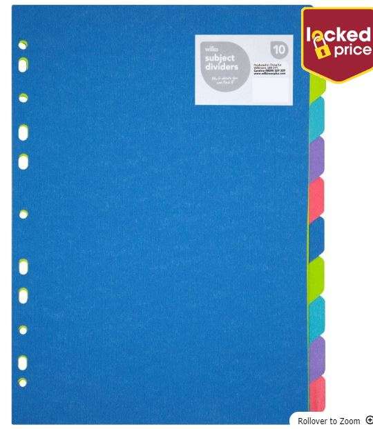 Wilko A4 Subject Dividers 10 pack Free Click & Collect