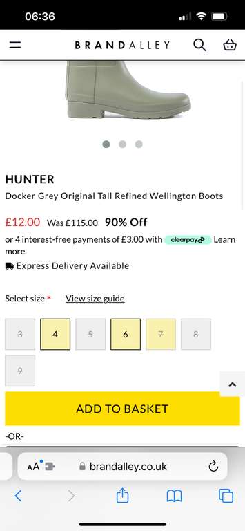 HUNTER Docker Grey Original Tall Refined Wellington Boots - £12 + £5.99 Delivery @ BrandAlley