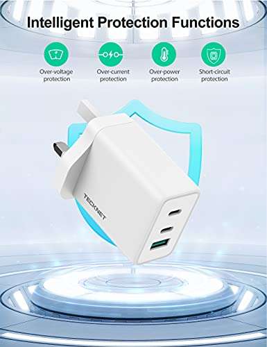 65W USB C Charger, TECKNET 3 Port GaN Type C Fast Charger Plug Adapter, PD 3.0 USB C Wall Quick Charger - £24.64 @ TechTack(EU) / Amazon