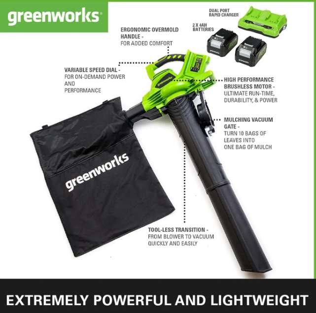 Greenworks 48V Cordless Leaf Blower Vacuum 2x 4Ah Batteries Dual 