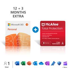 Microsoft 365 Personal (15-Month) + McAfee Total Protection (12-Month) Subscription - instant download - Sold by Amazon Media EU