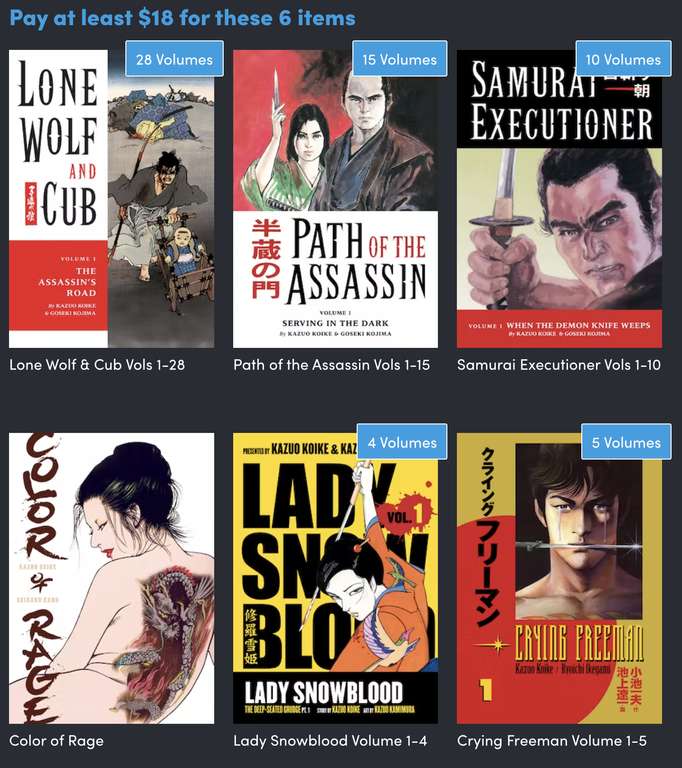 [Manga Comics] Lone Wolf and Cub (28 volumes, over 7000 pages), Path of the Assassin (15 volumes) & more - PEGI 18 - £15.25 @ Humble Bundle