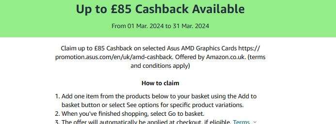 Claim up to £85 Cashback on selected Asus AMD Graphics Cards - Offered by Amazon