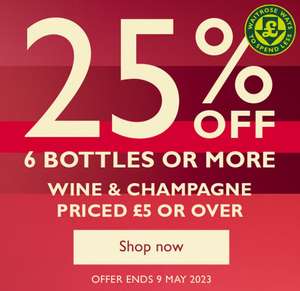25% off when you purchase 6 bottles or more of wine or champagne price at £5+ at Waitrose Cellar