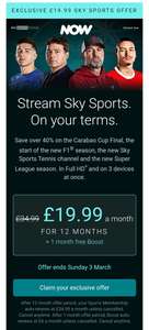 Sky Sports via Now TV - £19.99pm For 12 months (3 devices via Boost, 1st month free) cancel anytime - select accounts via email