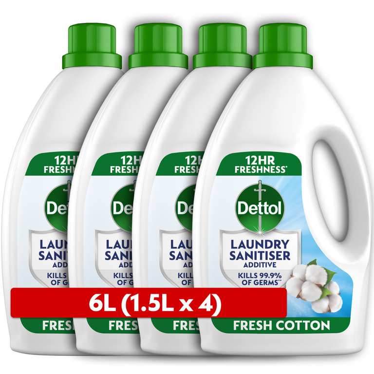 Dettol Laundry Sanitiser, Fresh Cotton (4 x 1.5l) 6L (£10.04/£9.37 S&S + 15% voucher) - Early Prime Deal