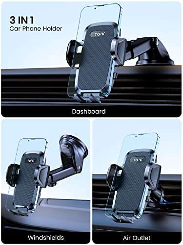 TOPK Car Phone Holder, [2023 Military-Grade Suction & Hook ] Phone Holder for Cars 4 in 1
