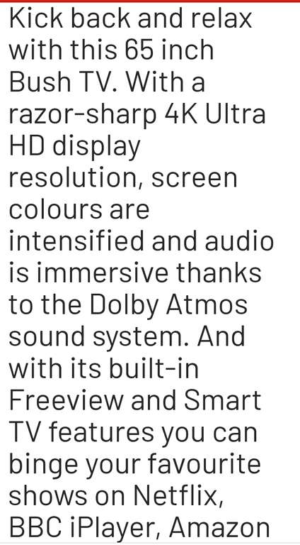 Bush 65 Inch Smart 4K UHD HDR LED Freeview TV