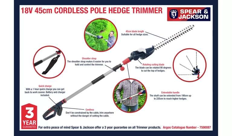Spear & Jackson 45cm Cordless Pole Hedge Trimmer - 18V - £76 click and collect at Argos