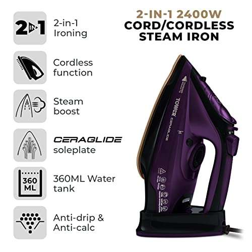 Tower T22008 CeraGlide Cordless Steam Iron with Ceramic Soleplate and Variable Steam Function, Purple - £19.99 @ Amazon