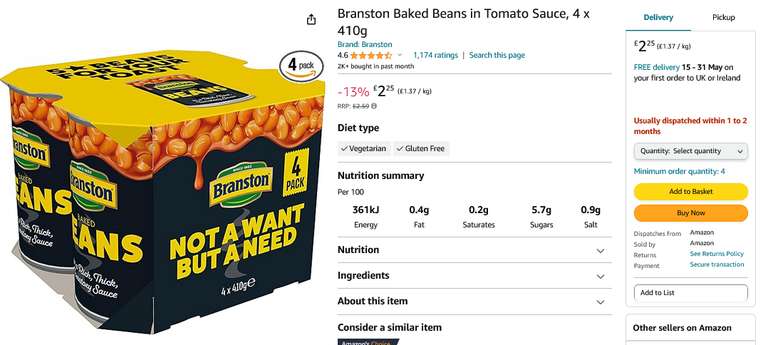 16 Cans of Branston Baked Beans in Tomato Sauce (4 Packs of 4x410g) - £2.25 Each, Min Qty 4 - Delayed Dispatch