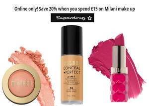 20% off £15 spend on Milani Cosmetic's online only with Free Delivery for Beautycard members @Superdrug