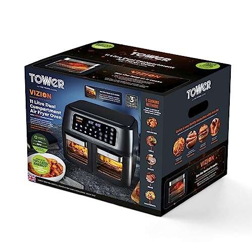 Deal of the Tower, T17102, Vortx Vizion Dual Compartment Air Fryer Oven with Digital Touch Panel, 11L, Black £119.99 Prime Exclusive Deal