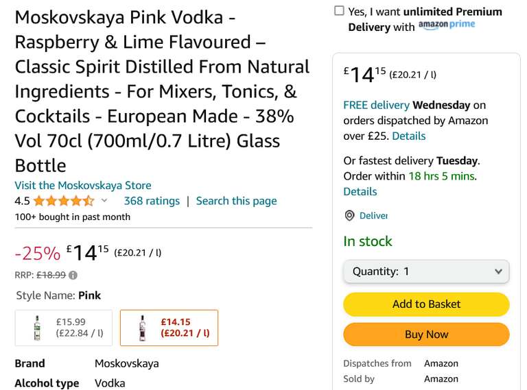 Moskovskaya Pink Vodka Raspberry & Lime, 38% - 70cl