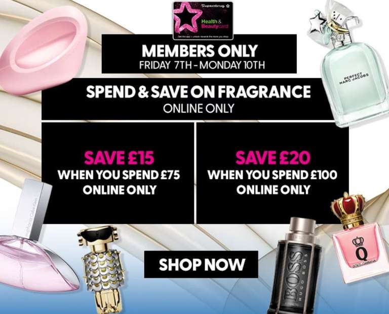 Spend & Save On Fragrance - Save £15 When You Spend £75, Save £20 With £100 Spend @ Superdrug (Examples In Post)