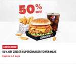 50% off Zinger Supercharger Tower Meal // Mighty Bucket For One £6.99 Via App Voucher (Minimum £10 Spend)