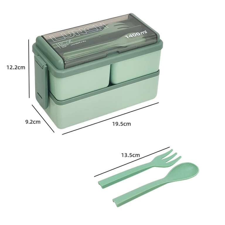 Lychico 1400ml Bento Box & Spoon/Fork, Stackable 2 Layer 3 Compartments, Leak Proof, Microwave/Dishwasher Safe Blue/Green/Pink With Voucher