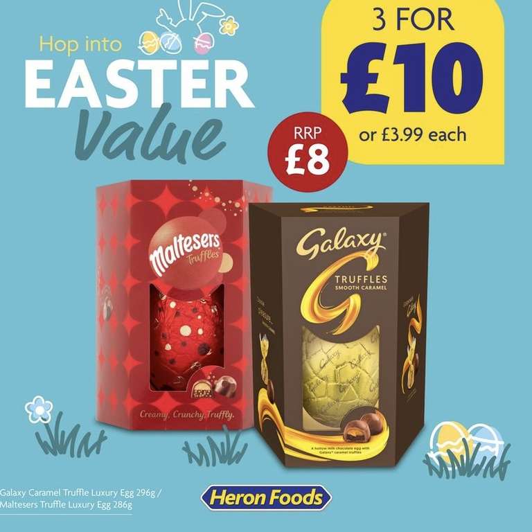 3 for £10 XL Easter eggs - Galaxy Caramel Truffle Egg 297g / Maltesers Truffles Luxury Chocolate Easter Egg 286g @ Heron Foods