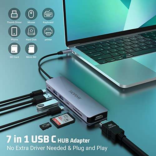 HOPDAY USB C Hub, 7 in 1 USB C Adapter, USB C to HDMI Dual Monitor (4K HDMI, 100W PD, 2 USB A 3.0, USB C 3.0, SD/TF Card Reader)