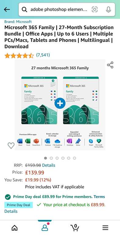 Microsoft 365 Family (aka Office 365) - 27 months subscription Up to 6 Users - £89.99 Amazon Prime Day deal