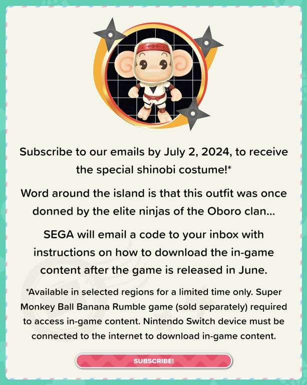Special Shinobi Costume DLC for Super Monkey Ball Banana Rumble (Nintendo Switch) - FREE by subscribing to the newsletter before July 2