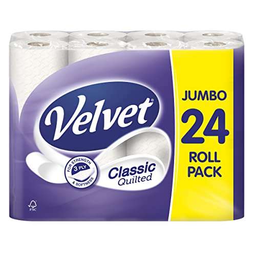 Velvet Classic Quilted Toilet Paper Bulk Buy, 24 White 3 ply Toilet Tissue Rolls, 24 Count