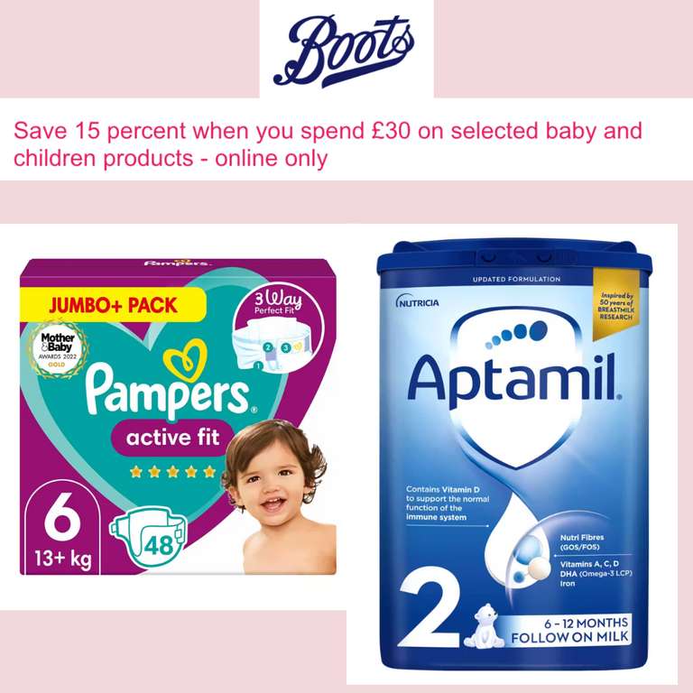 Save 15% when you spend £30 on selected baby and child products + Free Delivery - @ Boots
