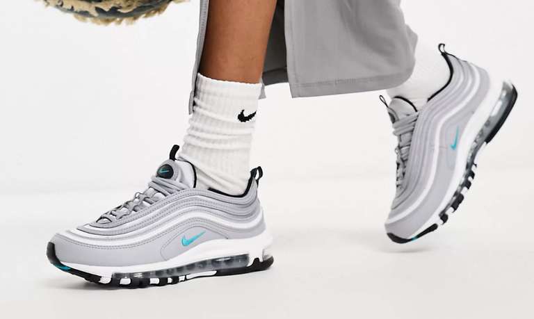 Nike Air Max 97 satin trainers in silver and teal with code