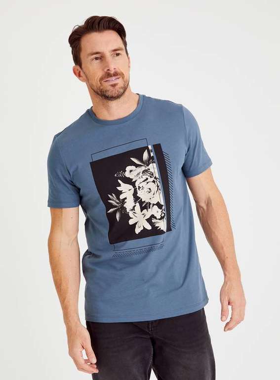 100% Cotton Men’s Tu Blue Mono Floral Graphic Print T Shirt with Free Click & Collect