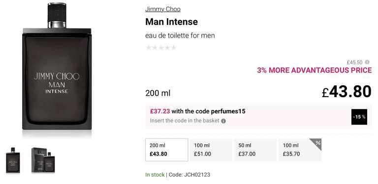 Jimmy Choo Man Intense EDT 200ml £37.23 with Code plus £3.99 Delivery @ Notino