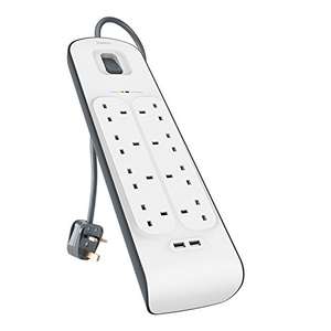 Belkin Extension Lead with USB Slots x 2 (2.4 A Shared), 8 Way/8 Plug Extension, 2m Surge Protected Power Strip - White £21.99 @ Amazon