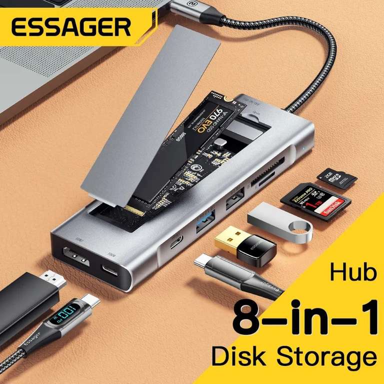 Essager 8-in-1 USB Hub With Disk Storage Function USB Type-c to HDMI Laptop Dock Station for Macbook Pro Air £25.67 @ AliExpress / Essager