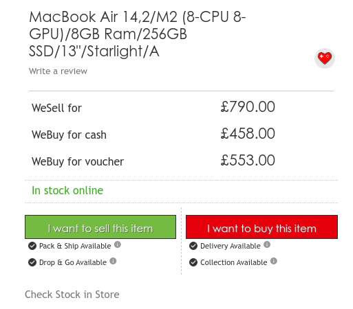 MacBook Air (2022), M2 (8-CPU 8-GPU)/8GB Ram/256GB SSD/13"/Starlight/ Used - Grade A £790 @ CeX